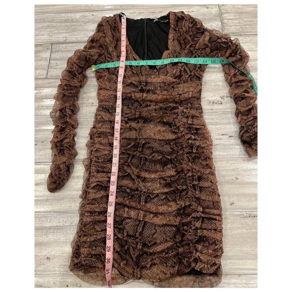 Zara Brown Snake Print Ruched Mesh Mini Dress Long Sleeve Bodycon Euro Siren S - Picture 8 of 14